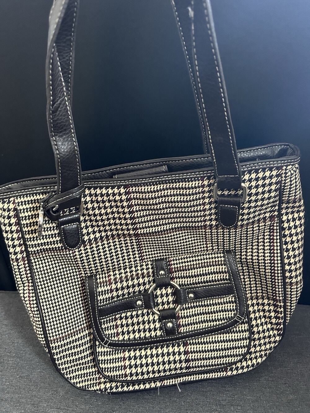 CHAPS Est 1978 Houndstooth Plaid Shoulder Bag Purse Black Cream Red Y2K